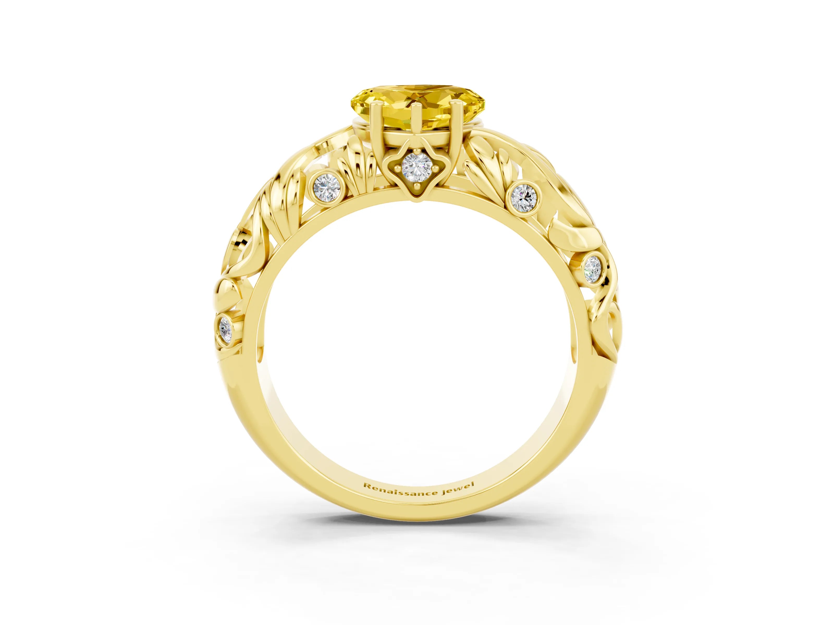 Yellow gold Heart Cut Solitaire Yellow Sapphire Leaf-Inspired Vine Band Ring with Prong Setting_27