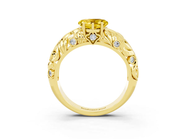 Yellow gold Heart Cut Solitaire Yellow Sapphire Leaf-Inspired Vine Band Ring with Prong Setting