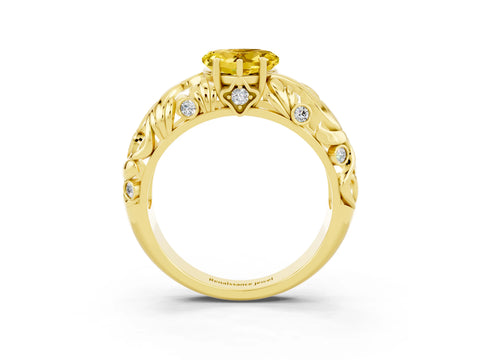 Yellow gold Heart Cut Solitaire Yellow Sapphire Leaf-Inspired Vine Band Ring with Prong Setting_27