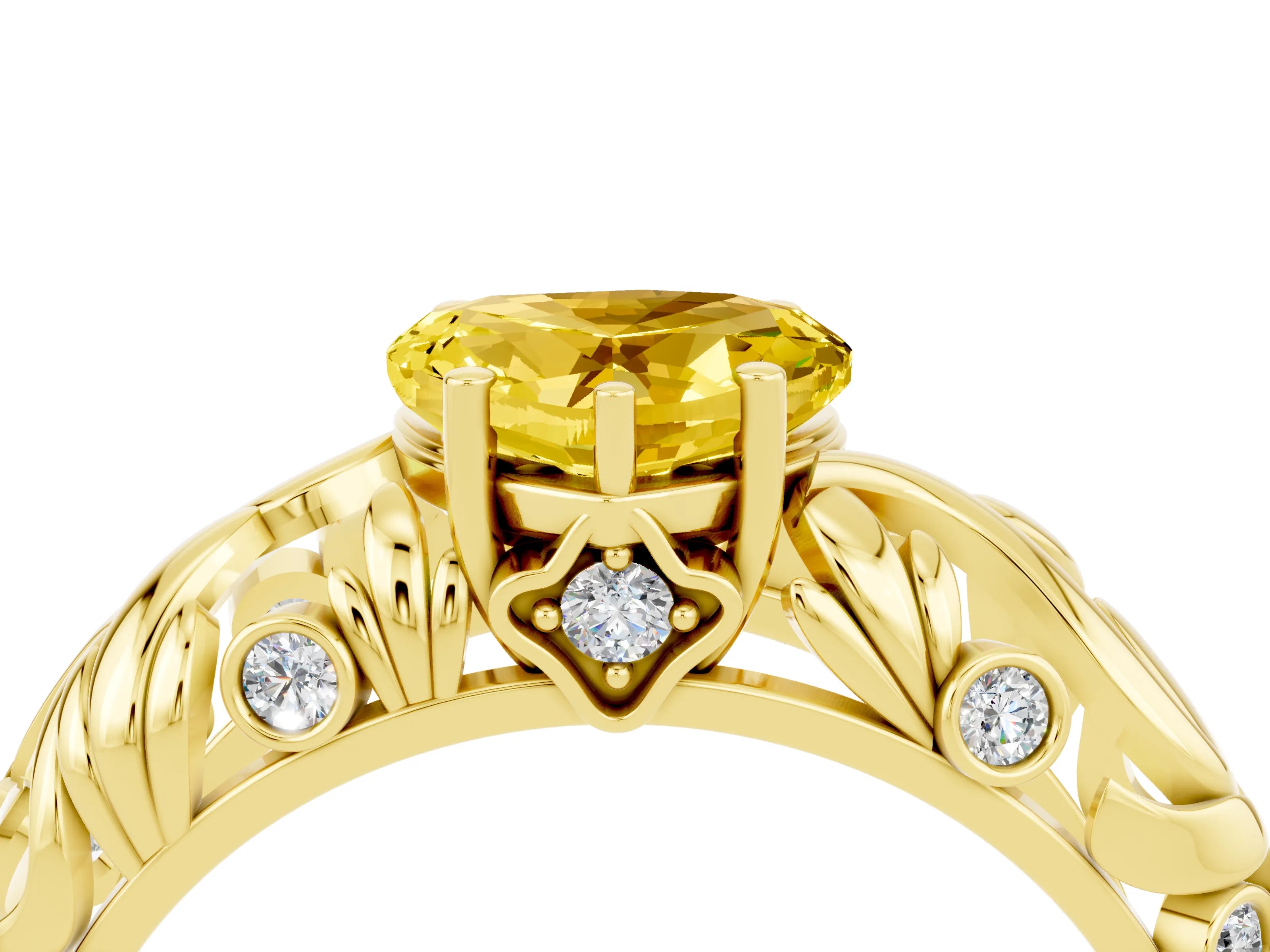 Yellow gold Heart Cut Solitaire Yellow Sapphire Leaf-Inspired Vine Band Ring with Prong Setting_28