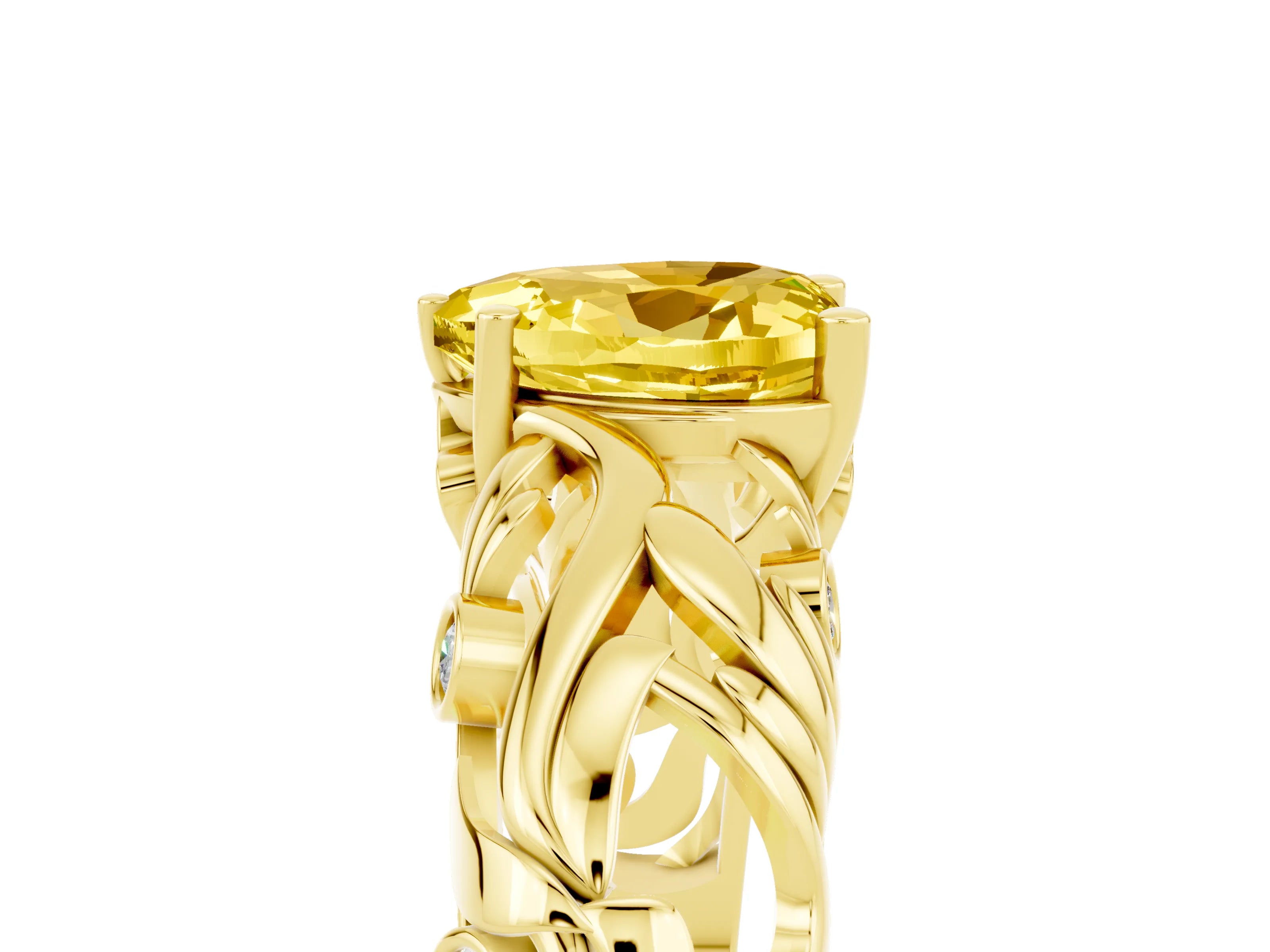 Yellow gold Heart Cut Solitaire Yellow Sapphire Leaf-Inspired Vine Band Ring with Prong Setting_29