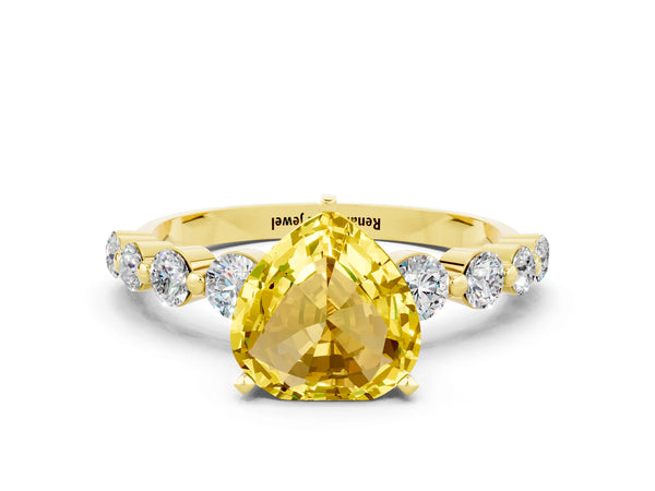 Yellow gold Heart Cut Solitaire Yellow Sapphire Ring with Pave Band and Four-Prong Setting
