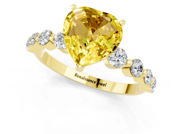 Yellow gold Heart Cut Solitaire Yellow Sapphire Ring with Pave Band and Four-Prong Setting