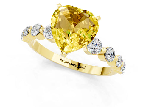 Yellow gold Heart Cut Solitaire Yellow Sapphire Ring with Pave Band and Four-Prong Setting_25