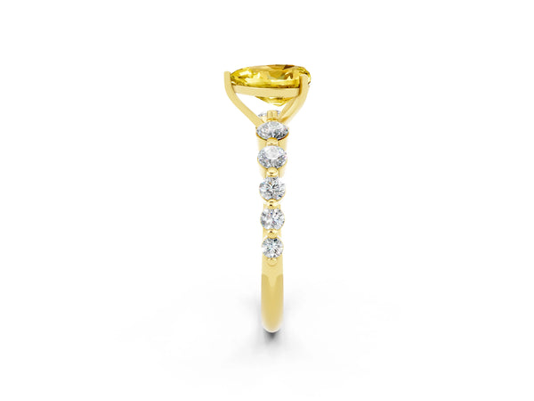 Yellow gold Heart Cut Solitaire Yellow Sapphire Ring with Pave Band and Four-Prong Setting