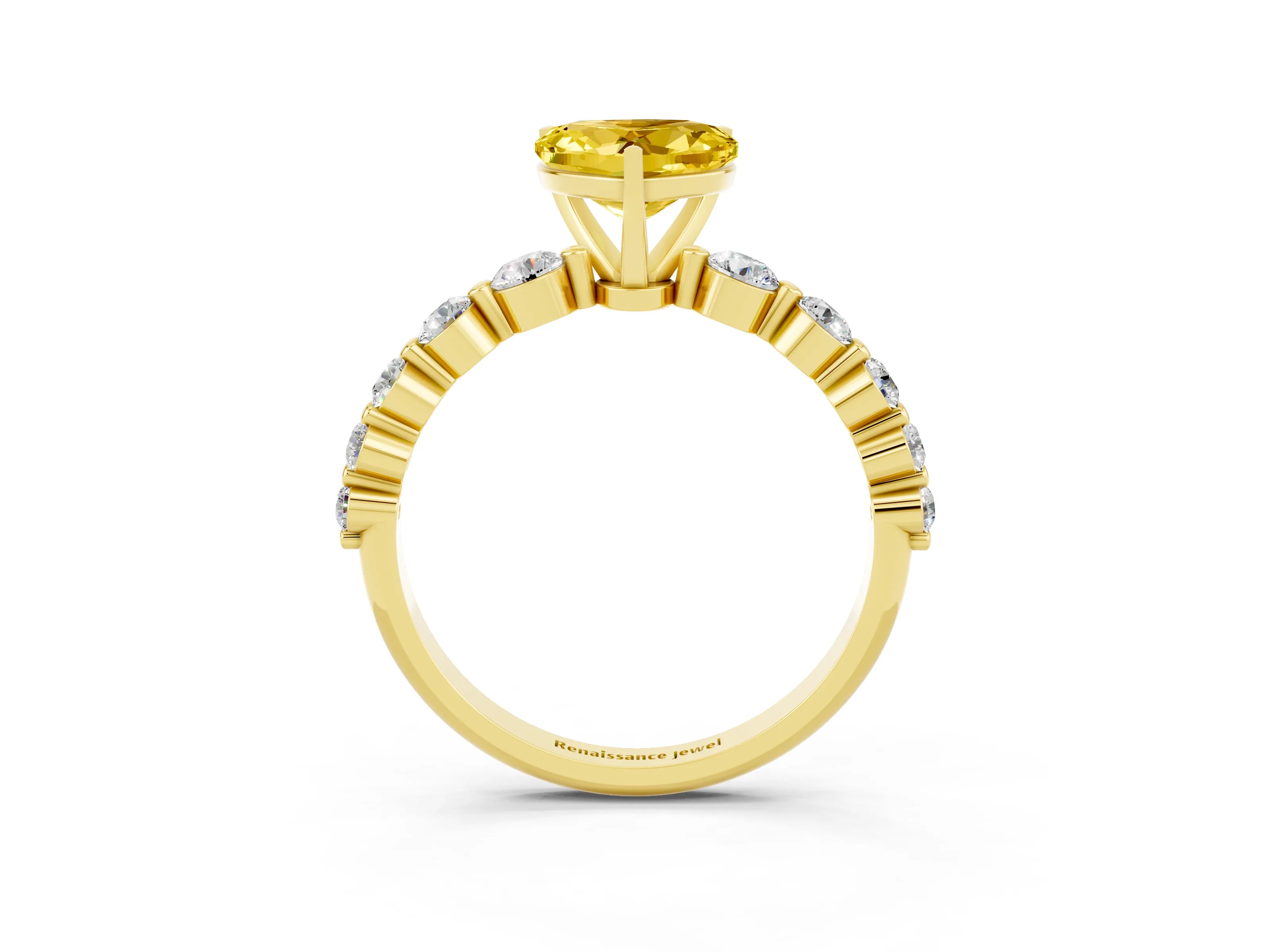 Yellow gold Heart Cut Solitaire Yellow Sapphire Ring with Pave Band and Four-Prong Setting_27