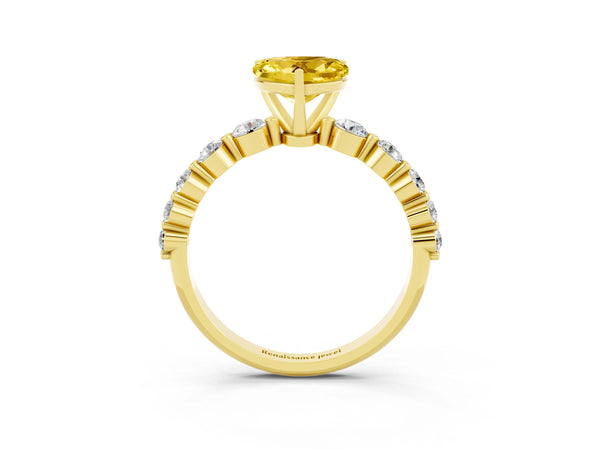 Yellow gold Heart Cut Solitaire Yellow Sapphire Ring with Pave Band and Four-Prong Setting