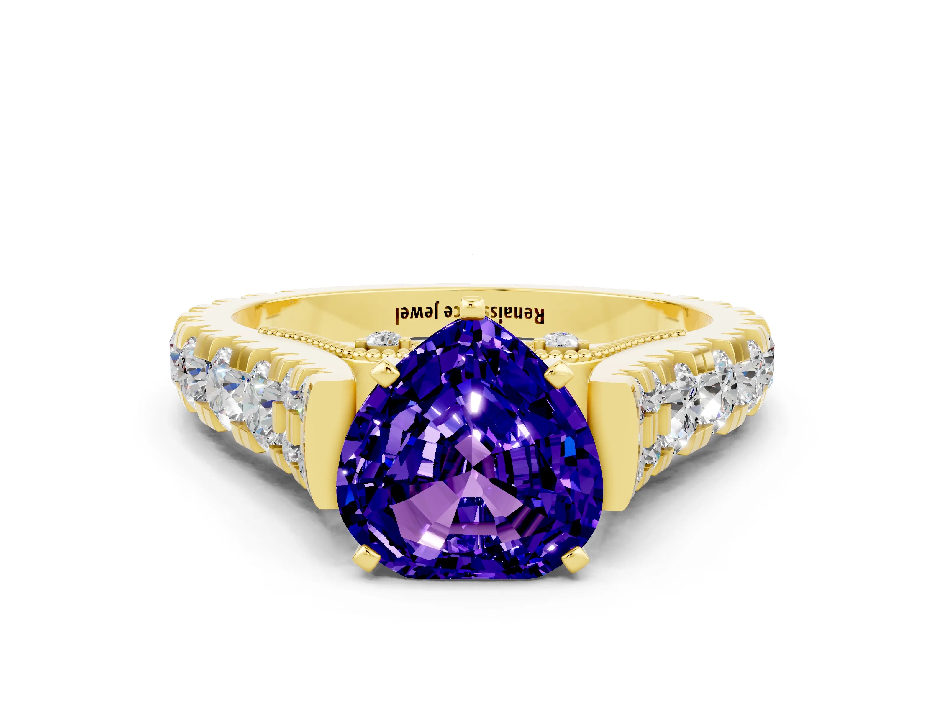 Yellow gold Heart Cut Tanzanite Classic Solitaire Ring with Pavé Band and Four-Prong Setting