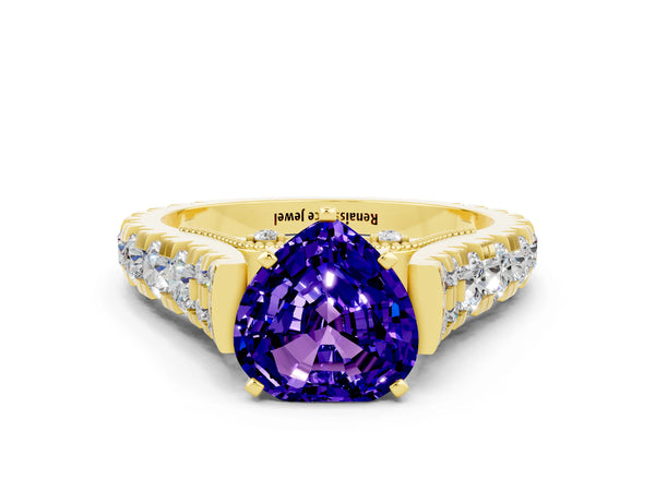 Yellow gold Heart Cut Tanzanite Classic Solitaire Ring with Pavé Band and Four-Prong Setting