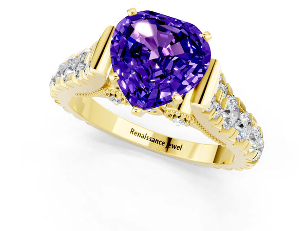 Yellow gold Heart Cut Tanzanite Classic Solitaire Ring with Pavé Band and Four-Prong Setting