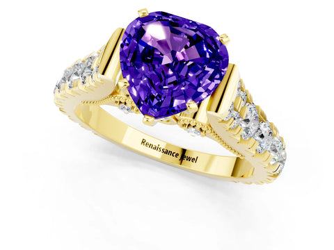 Yellow gold Heart Cut Tanzanite Classic Solitaire Ring with Pavé Band and Four-Prong Setting_1