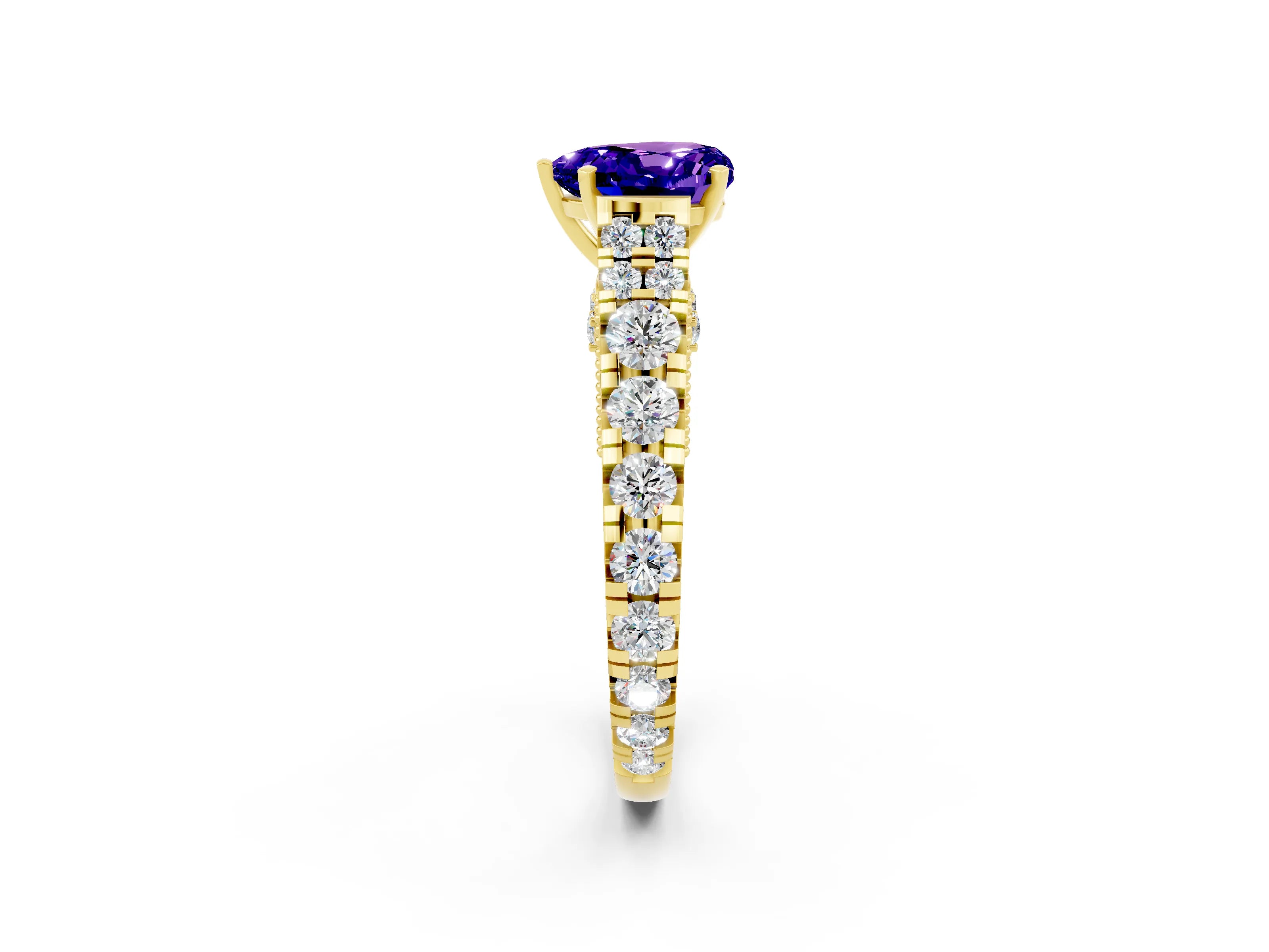 Yellow gold Heart Cut Tanzanite Classic Solitaire Ring with Pavé Band and Four-Prong Setting_2