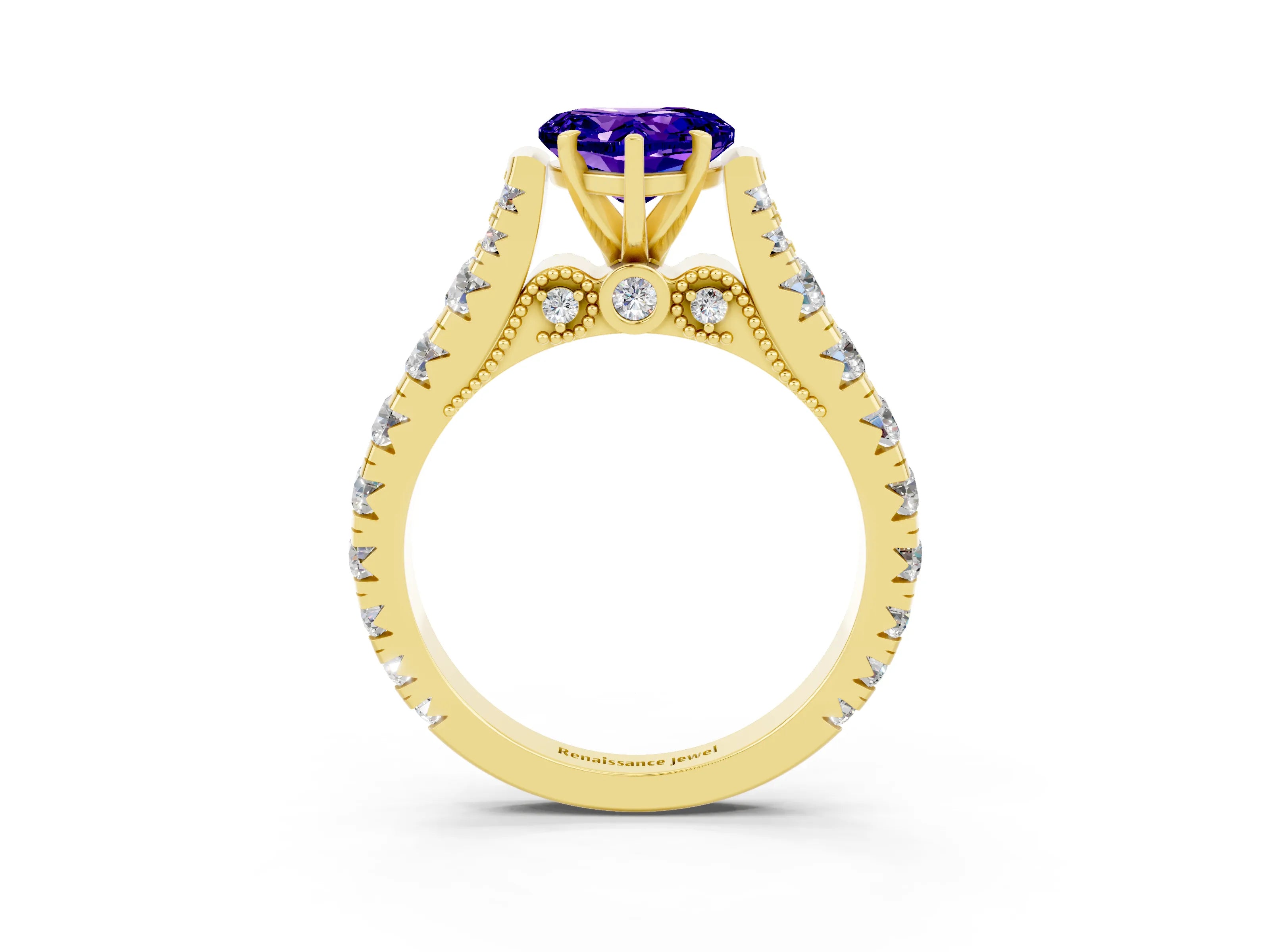 Yellow gold Heart Cut Tanzanite Classic Solitaire Ring with Pavé Band and Four-Prong Setting_3