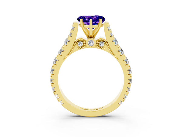 Yellow gold Heart Cut Tanzanite Classic Solitaire Ring with Pavé Band and Four-Prong Setting