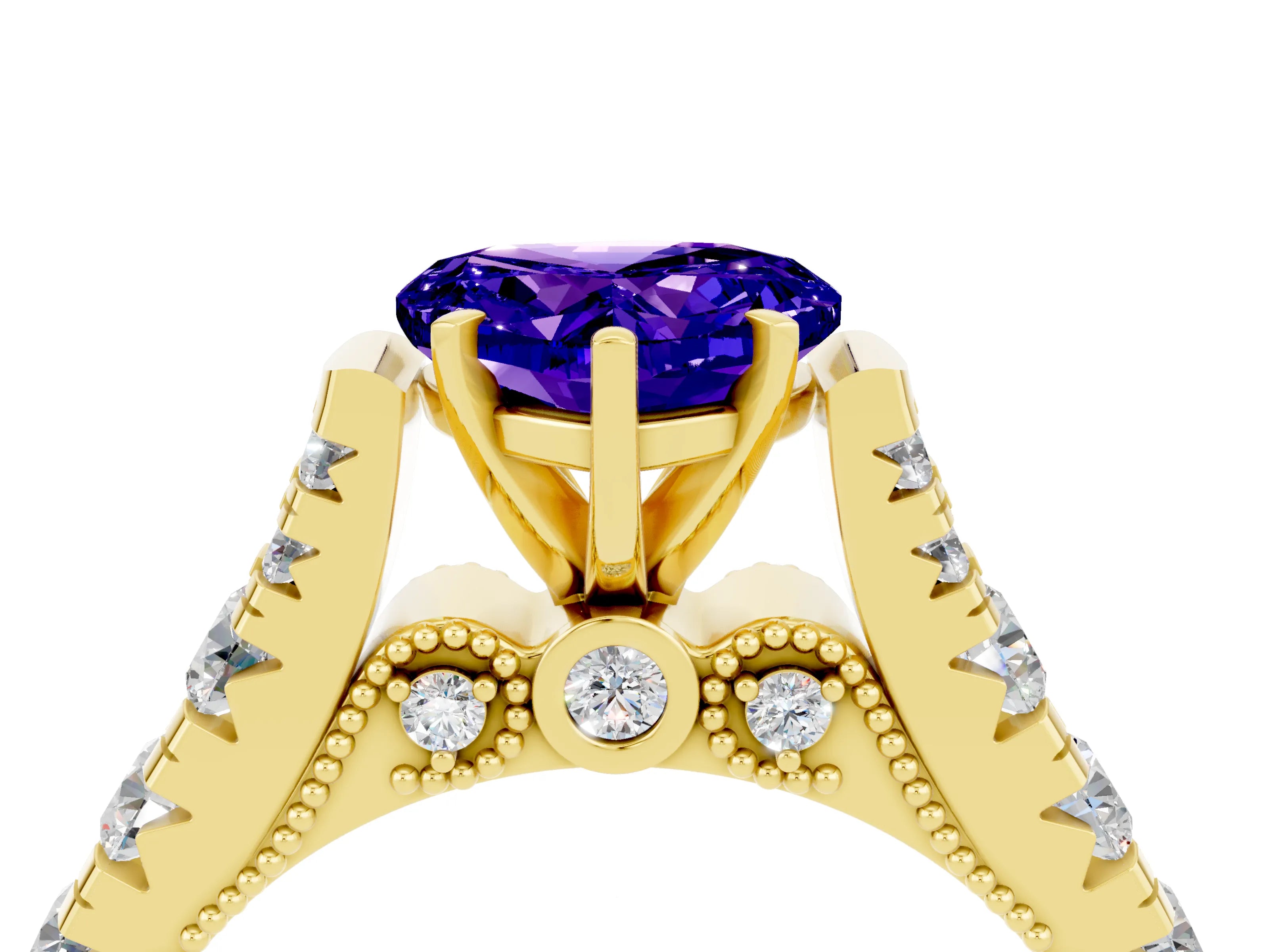 Yellow gold Heart Cut Tanzanite Classic Solitaire Ring with Pavé Band and Four-Prong Setting_4