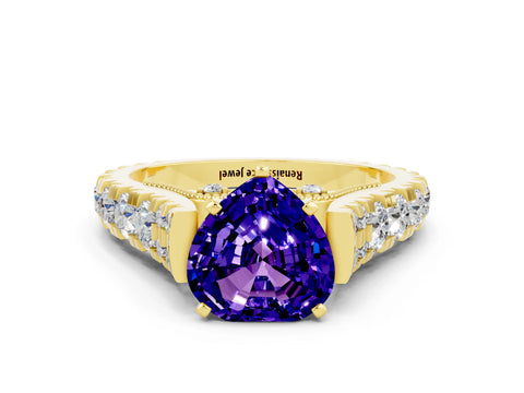 Yellow gold Heart Cut Tanzanite Classic Solitaire Ring with Pavé Band and Four-Prong Setting