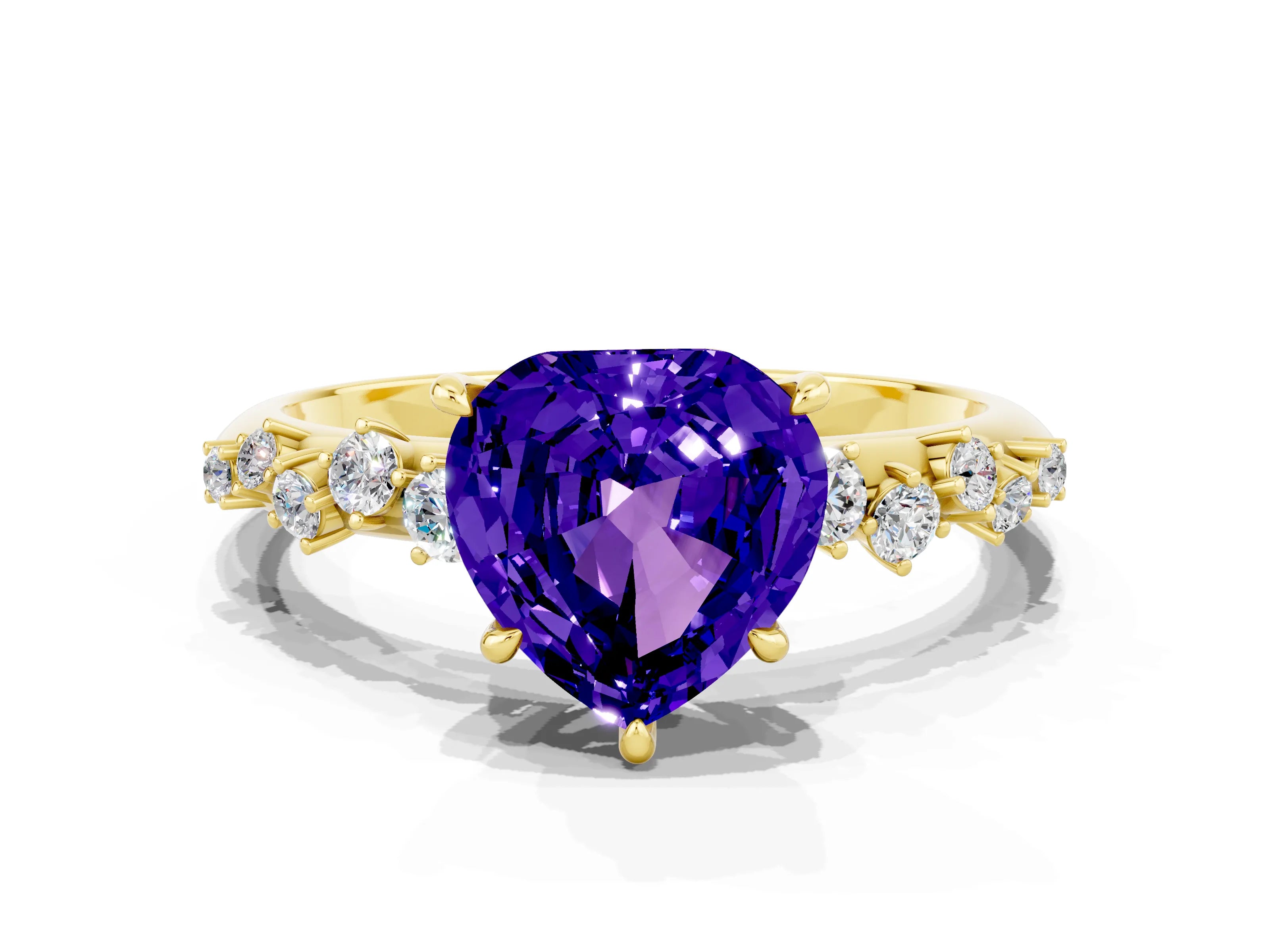 Yellow gold Heart Cut Tanzanite Cluster Side Stone Solitaire Ring with Prong Setting_24