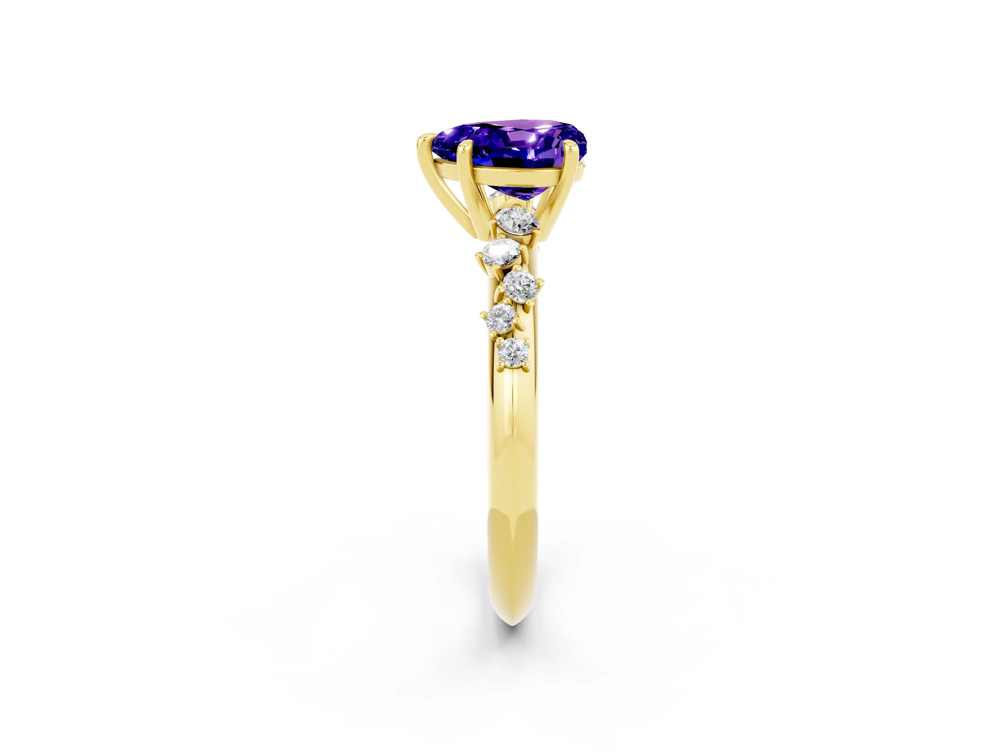 Yellow gold Heart Cut Tanzanite Cluster Side Stone Solitaire Ring with Prong Setting_26
