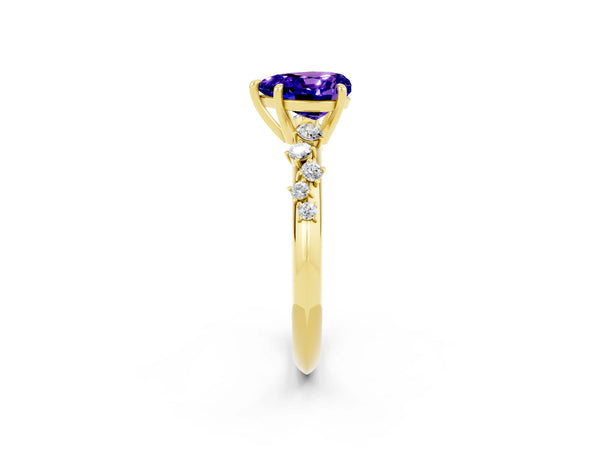 Yellow gold Heart Cut Tanzanite Cluster Side Stone Solitaire Ring with Prong Setting
