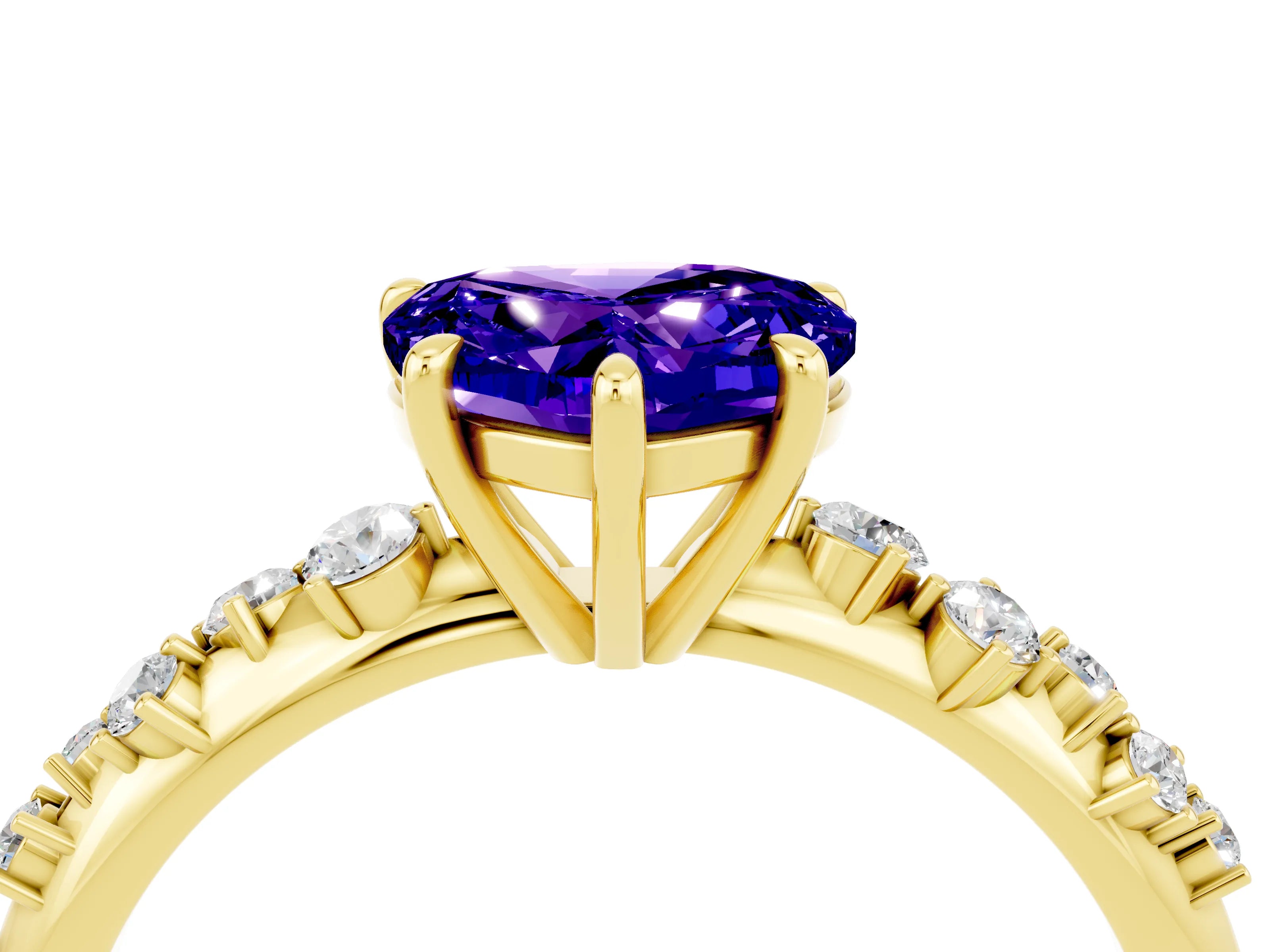 Yellow gold Heart Cut Tanzanite Cluster Side Stone Solitaire Ring with Prong Setting_28
