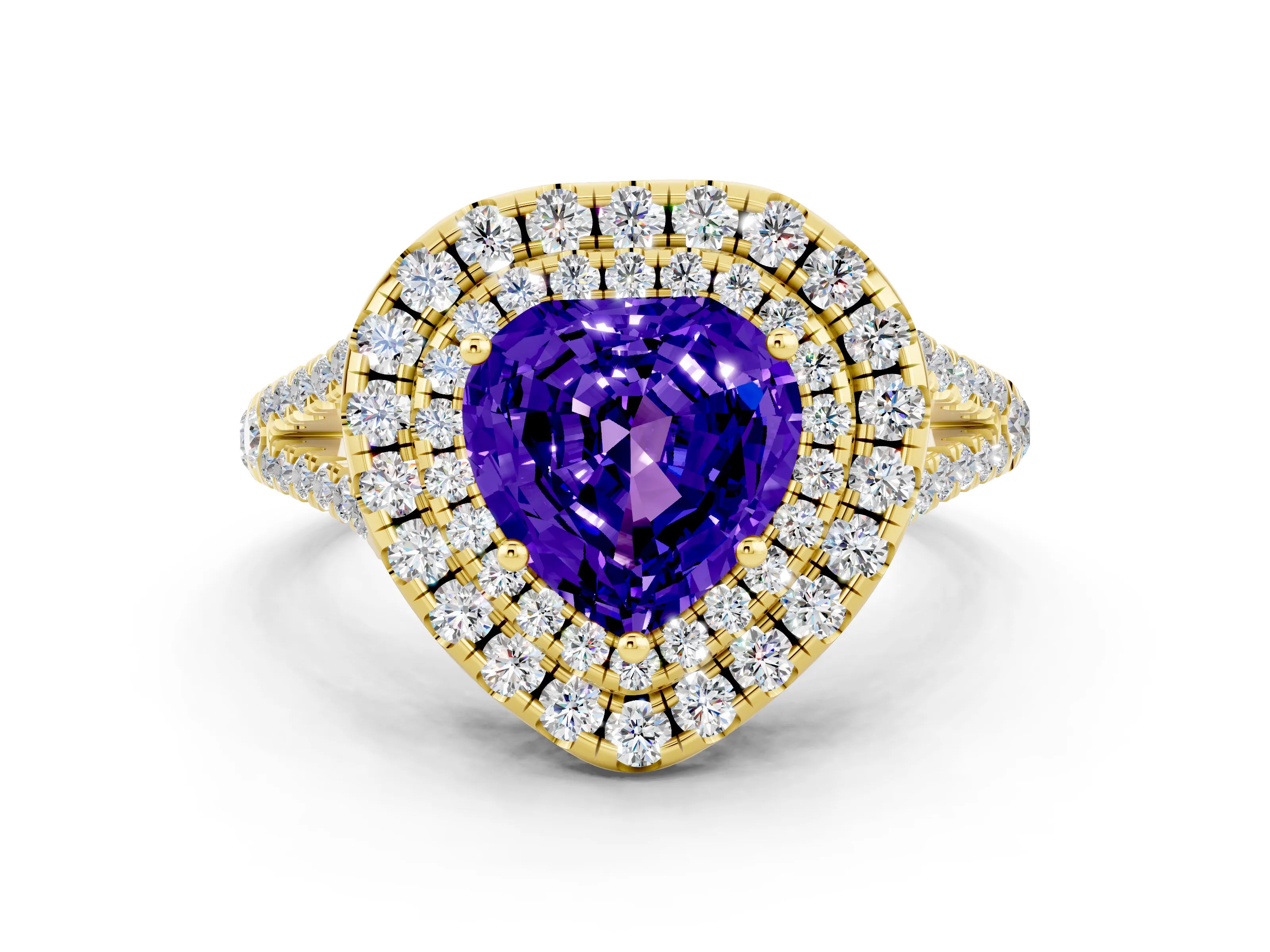 Yellow gold Heart Cut Tanzanite Double Halo Ring with Pavé Band and Prong Setting_12