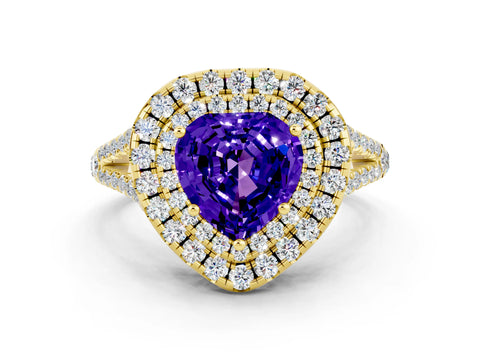 Yellow gold Heart Cut Tanzanite Double Halo Ring with Pavé Band and Prong Setting_12