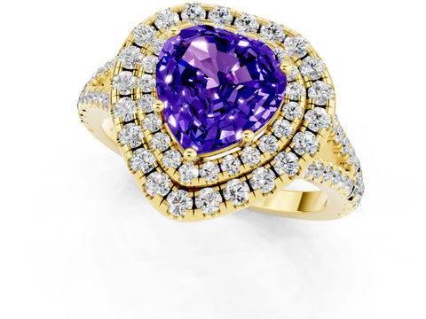 Yellow gold Heart Cut Tanzanite Double Halo Ring with Pavé Band and Prong Setting_13