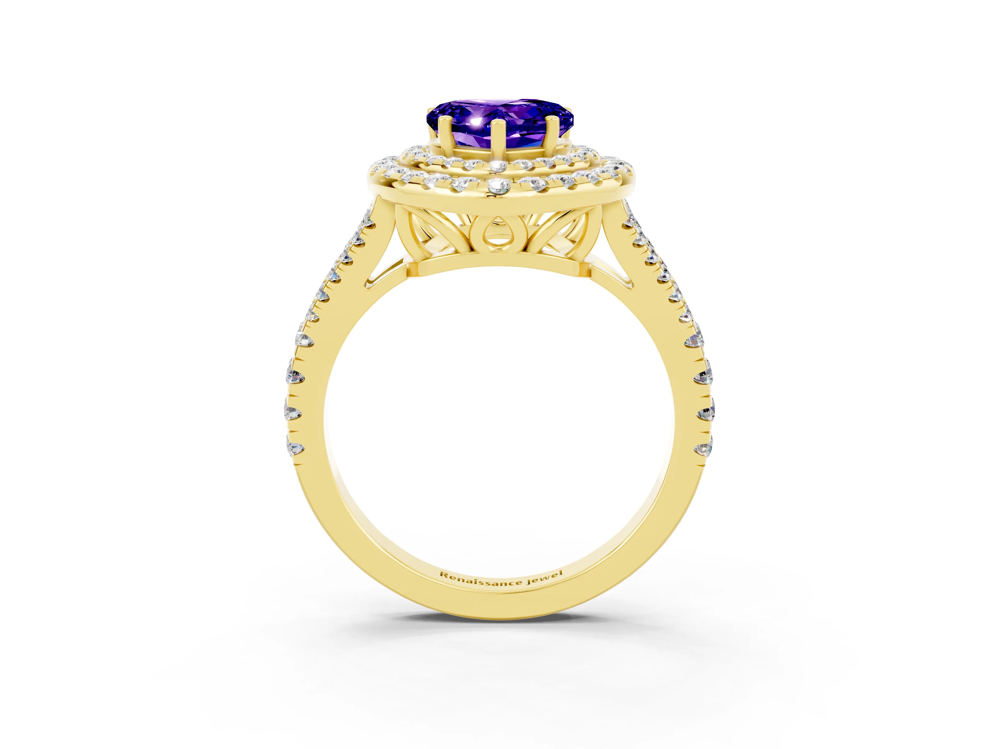Yellow gold Heart Cut Tanzanite Double Halo Ring with Pavé Band and Prong Setting_15