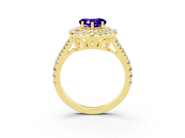 Yellow gold Heart Cut Tanzanite Double Halo Ring with Pavé Band and Prong Setting