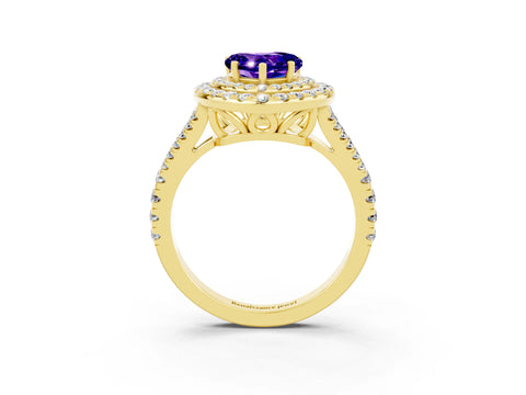 Yellow gold Heart Cut Tanzanite Double Halo Ring with Pavé Band and Prong Setting_15