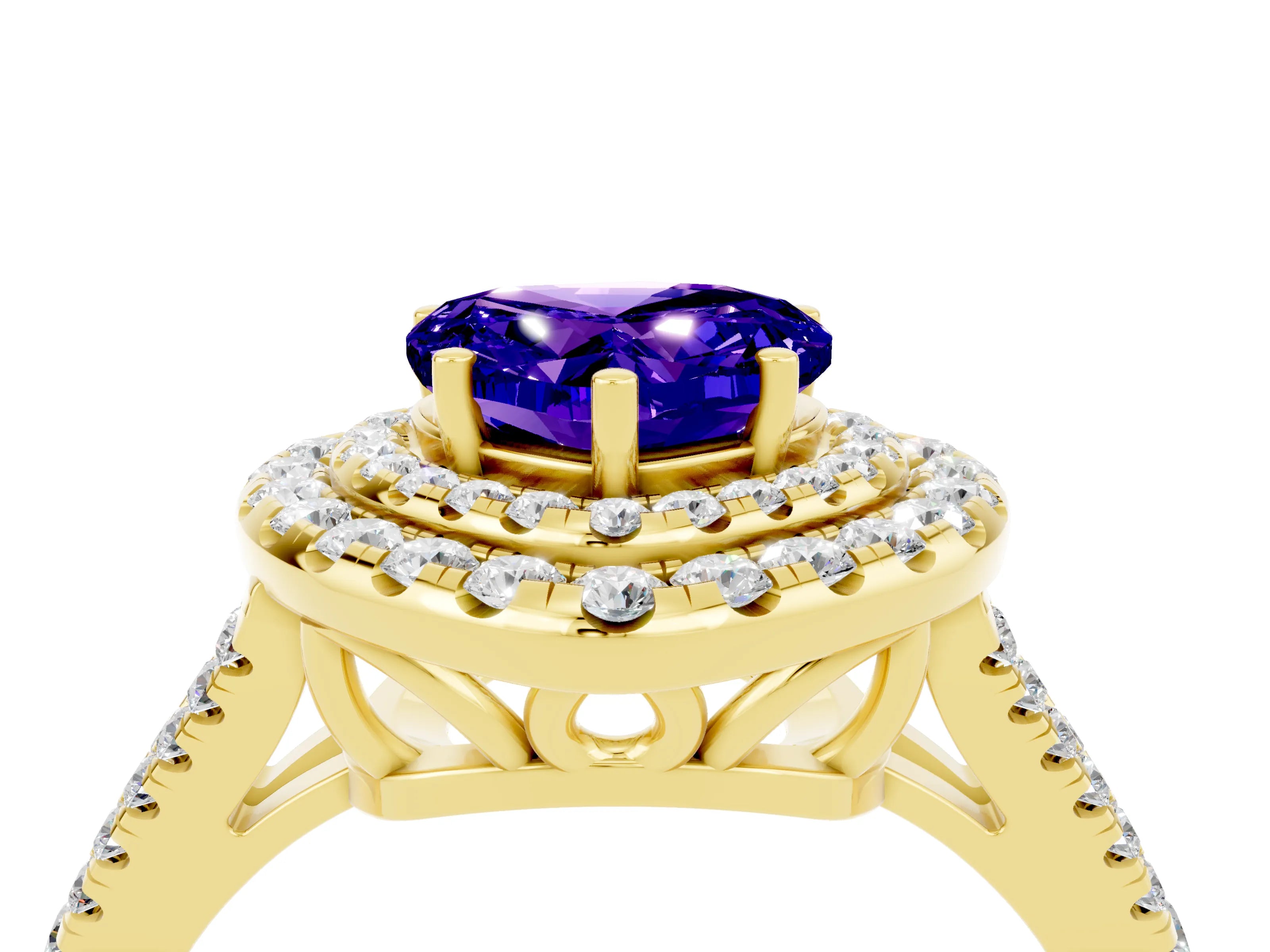 Yellow gold Heart Cut Tanzanite Double Halo Ring with Pavé Band and Prong Setting_16