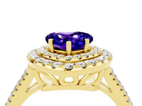 Yellow gold Heart Cut Tanzanite Double Halo Ring with Pavé Band and Prong Setting_16
