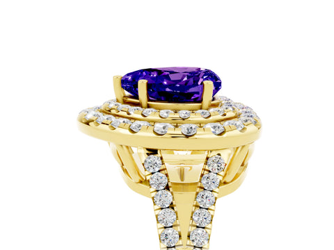 Yellow gold Heart Cut Tanzanite Double Halo Ring with Pavé Band and Prong Setting_17