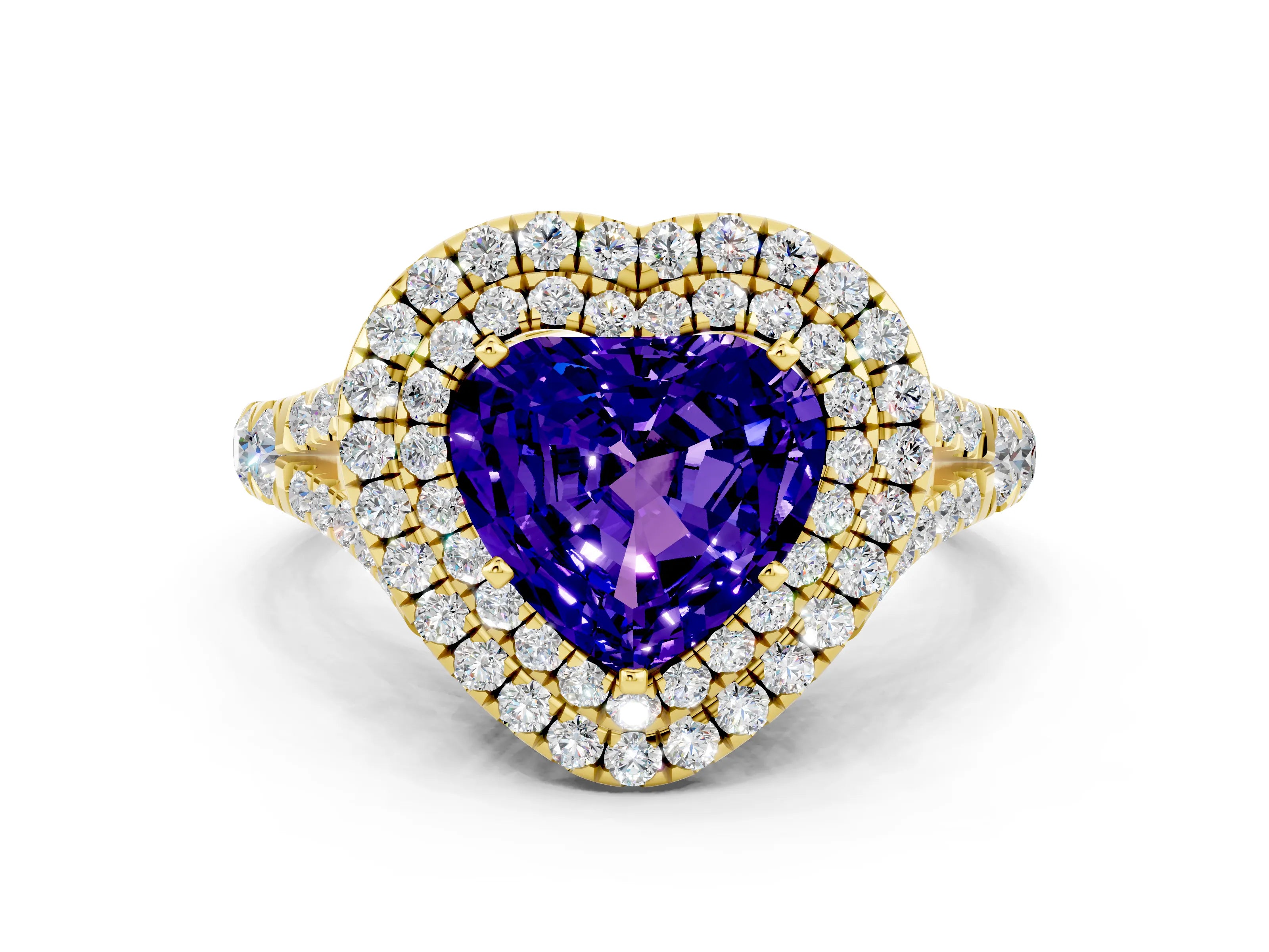 Yellow gold Heart Cut Tanzanite Double Halo Ring with Split Shank and Prong Setting_12
