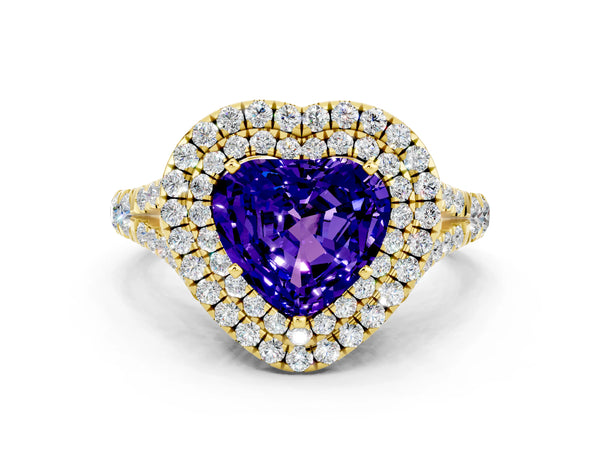 Yellow gold Heart Cut Tanzanite Double Halo Ring with Split Shank and Prong Setting
