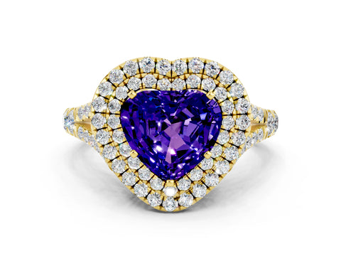 Yellow gold Heart Cut Tanzanite Double Halo Ring with Split Shank and Prong Setting_12