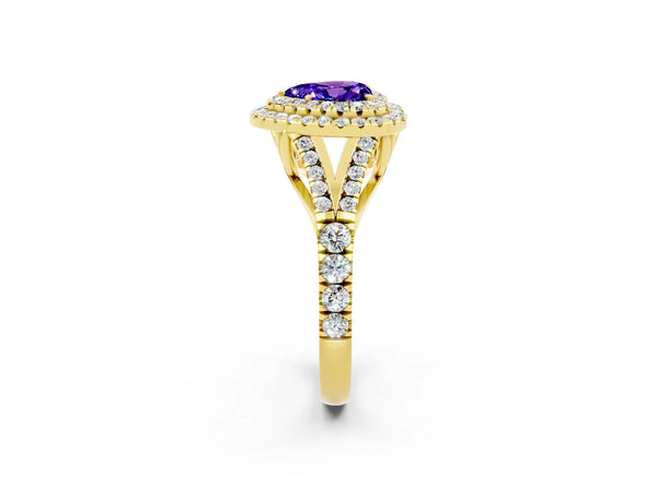 Yellow gold Heart Cut Tanzanite Double Halo Ring with Split Shank and Prong Setting