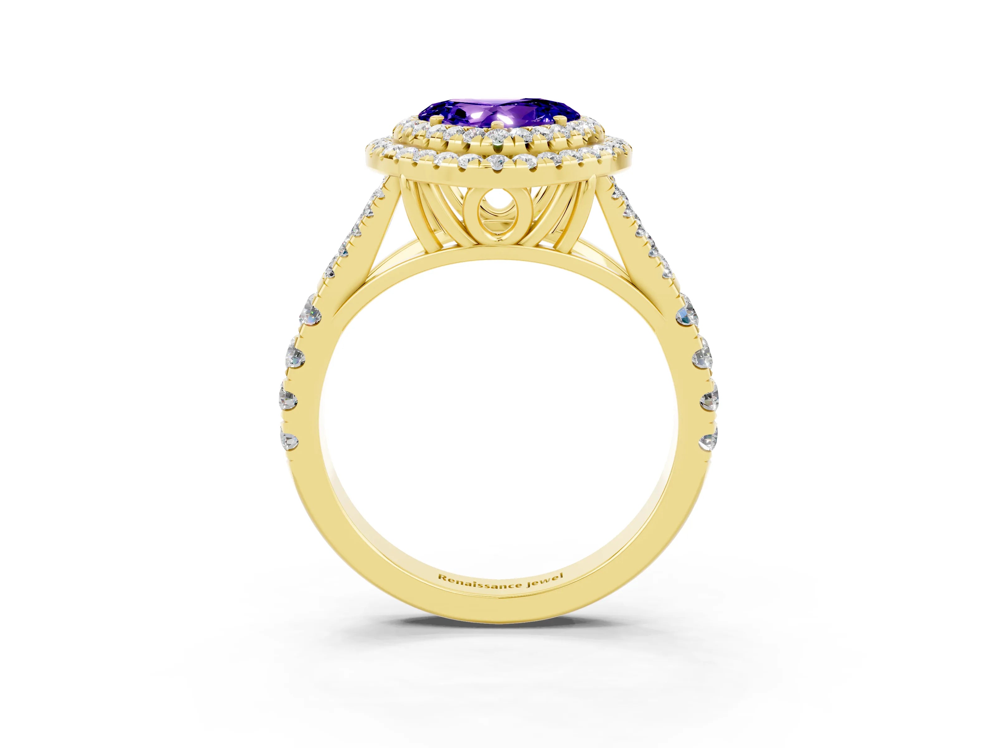 Yellow gold Heart Cut Tanzanite Double Halo Ring with Split Shank and Prong Setting_15