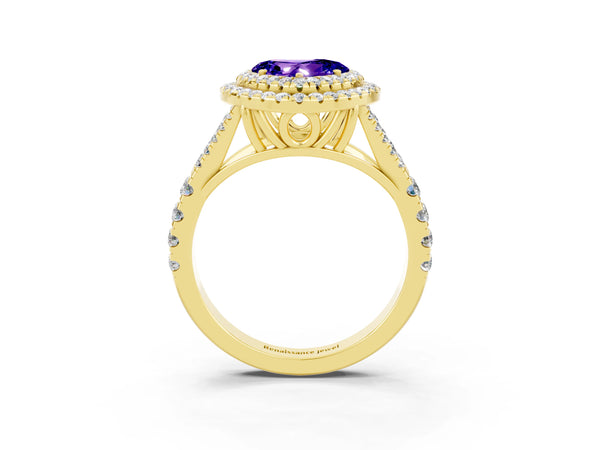 Yellow gold Heart Cut Tanzanite Double Halo Ring with Split Shank and Prong Setting