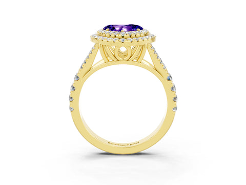 Yellow gold Heart Cut Tanzanite Double Halo Ring with Split Shank and Prong Setting_15