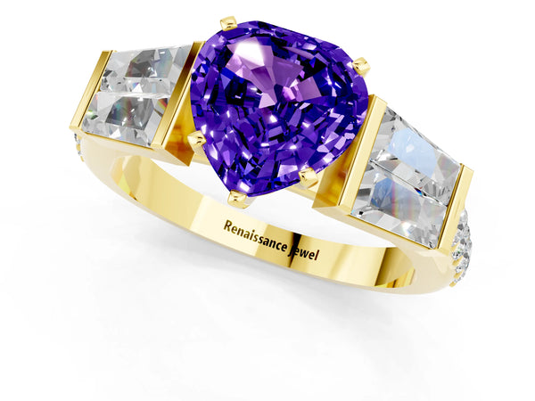 Yellow gold Heart Cut Tanzanite Engagement Ring with Baguette Side Stones and Channel Set Band