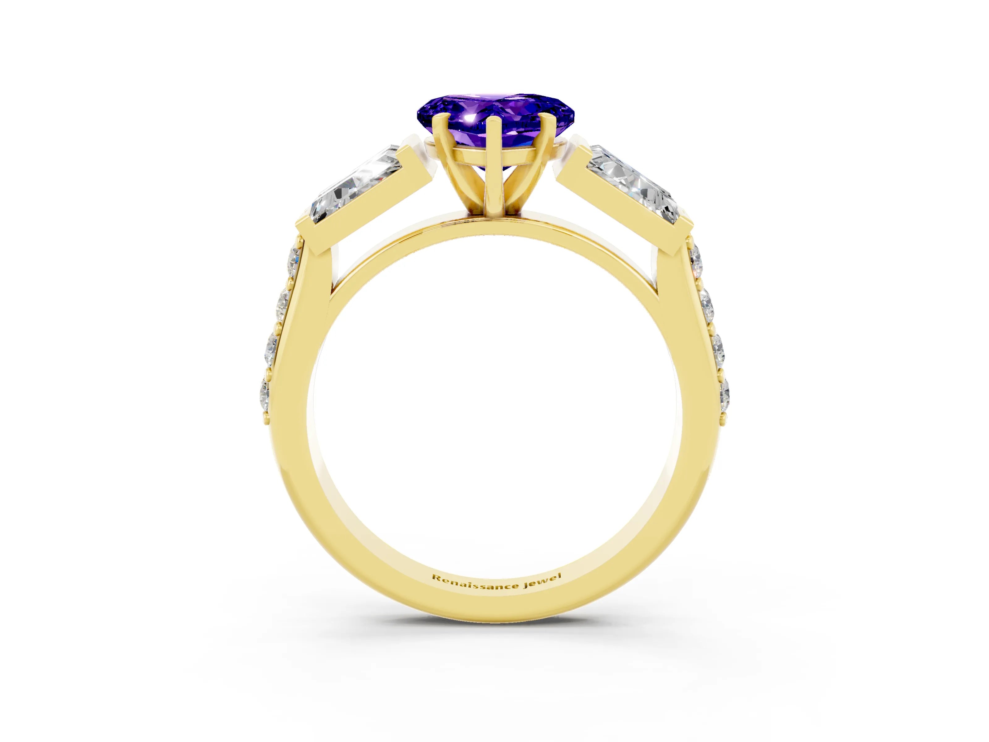 Yellow gold Heart Cut Tanzanite Engagement Ring with Baguette Side Stones and Channel Set Band_3