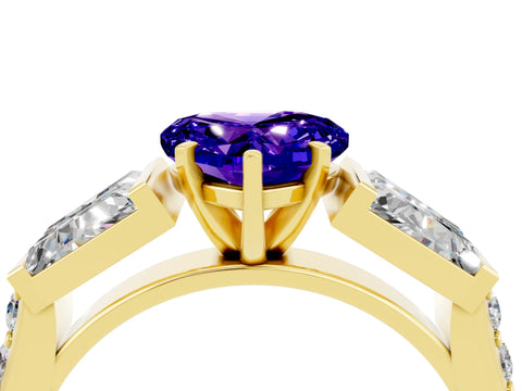 Yellow gold Heart Cut Tanzanite Engagement Ring with Baguette Side Stones and Channel Set Band_4