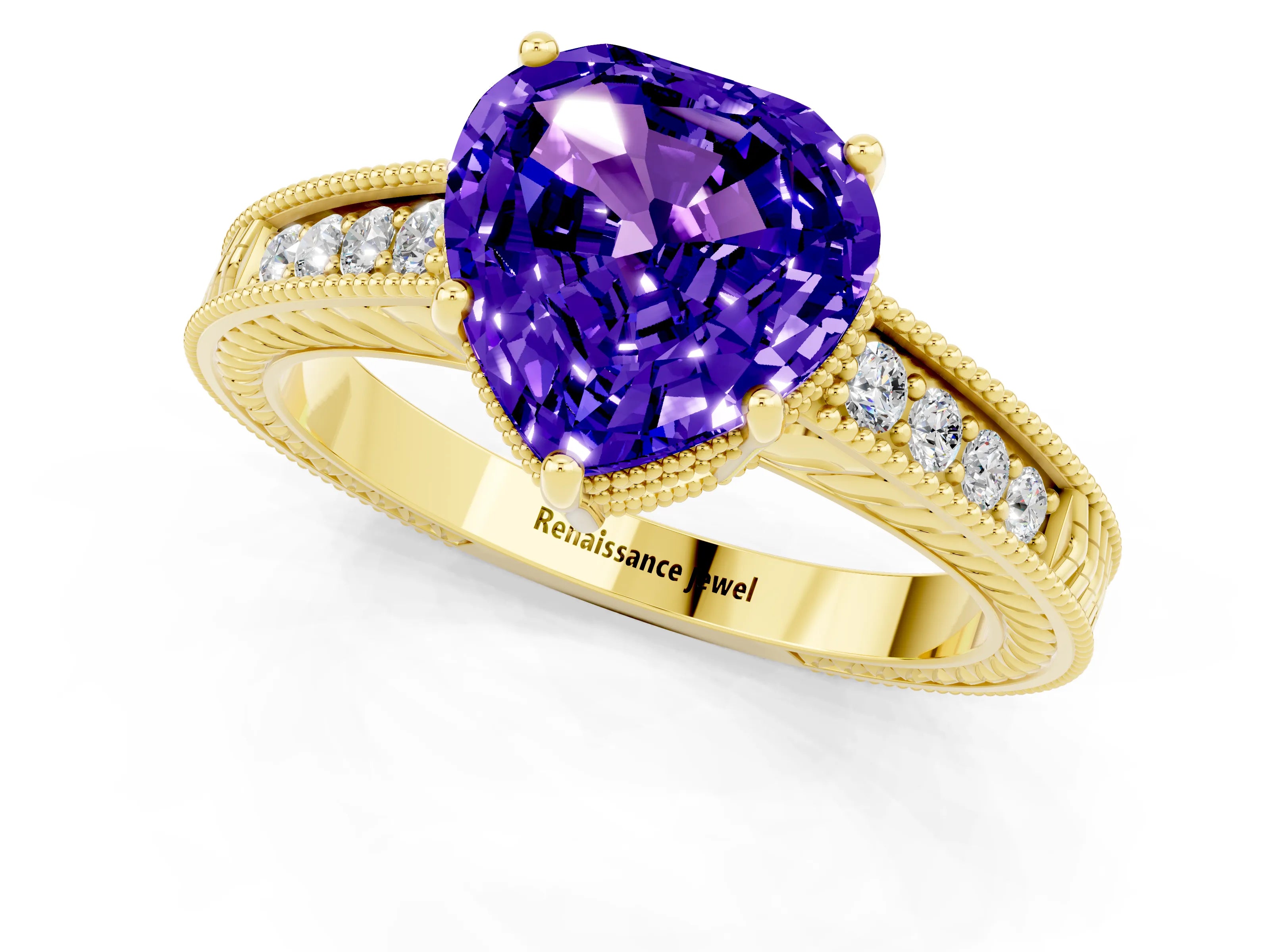 Yellow gold Heart Cut Tanzanite Engagement Ring with Milgrain Channel Set Band and Prong Setting_1