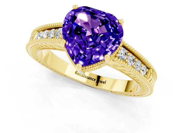 Yellow gold Heart Cut Tanzanite Engagement Ring with Milgrain Channel Set Band and Prong Setting