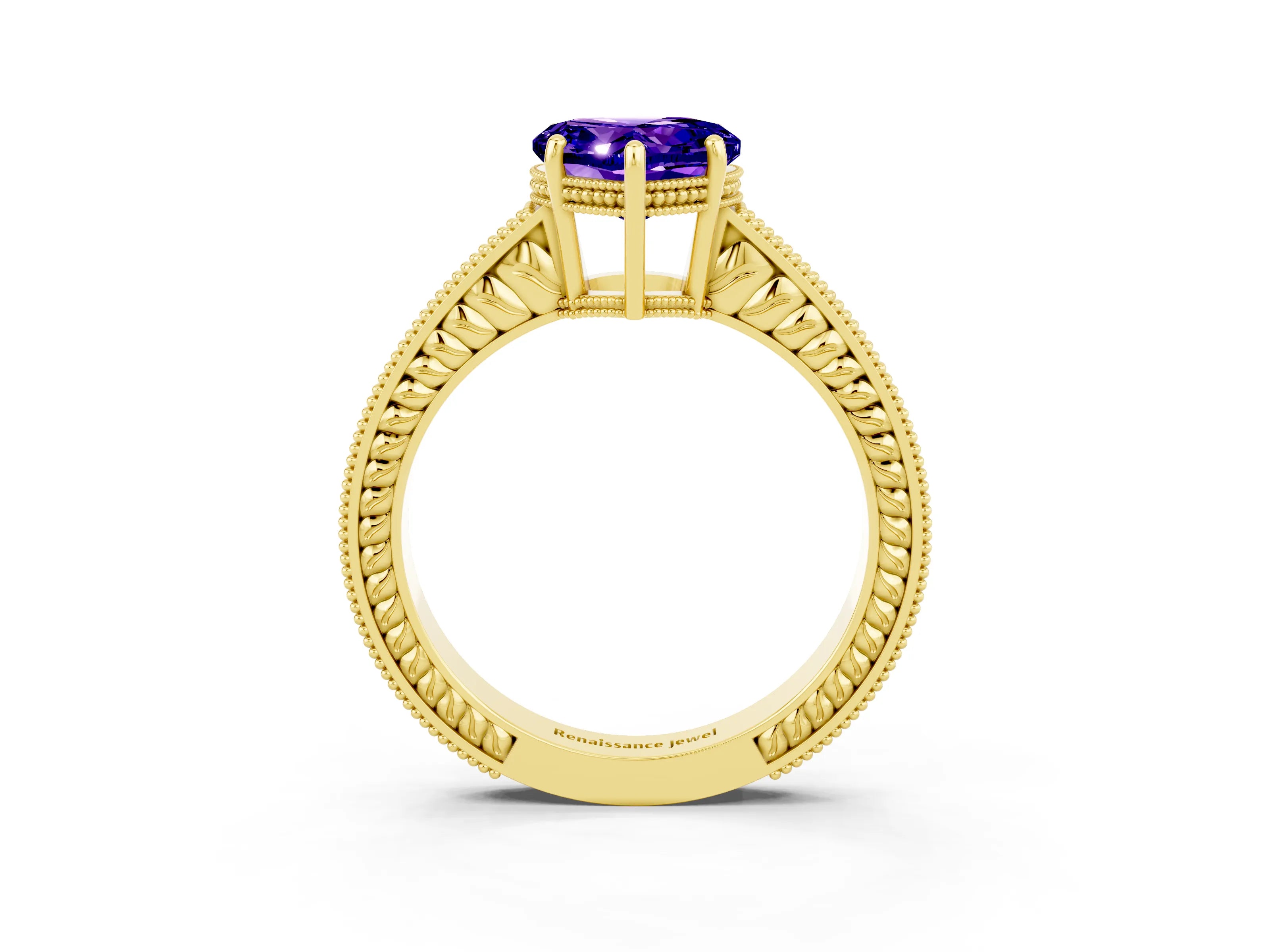 Yellow gold Heart Cut Tanzanite Engagement Ring with Milgrain Channel Set Band and Prong Setting_3