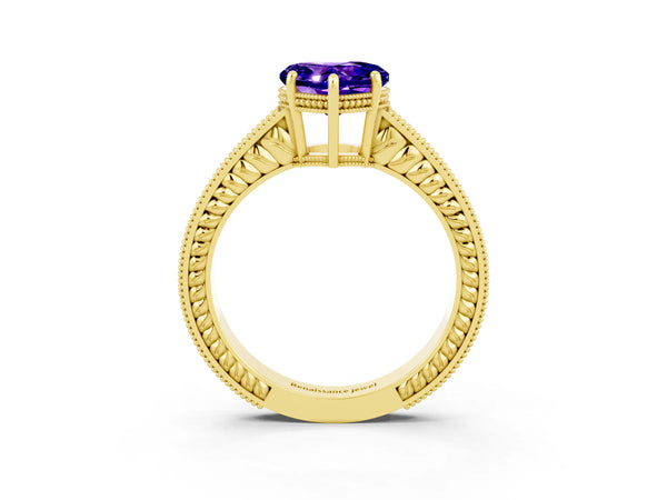 Yellow gold Heart Cut Tanzanite Engagement Ring with Milgrain Channel Set Band and Prong Setting