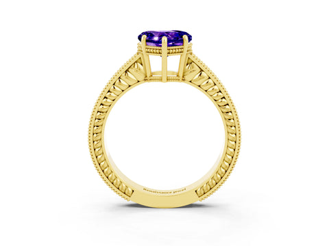 Yellow gold Heart Cut Tanzanite Engagement Ring with Milgrain Channel Set Band and Prong Setting_3
