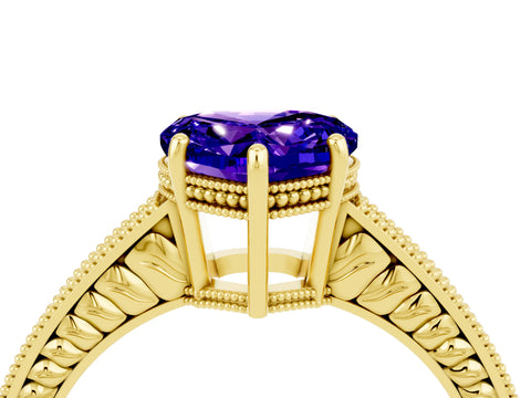 Yellow gold Heart Cut Tanzanite Engagement Ring with Milgrain Channel Set Band and Prong Setting_4