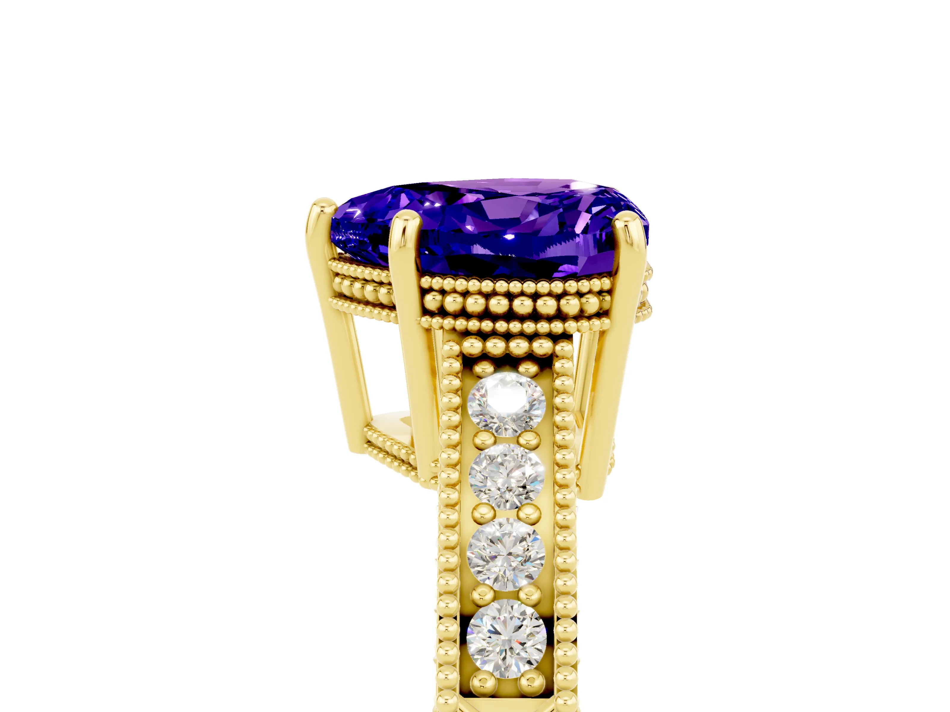 Yellow gold Heart Cut Tanzanite Engagement Ring with Milgrain Channel Set Band and Prong Setting_5
